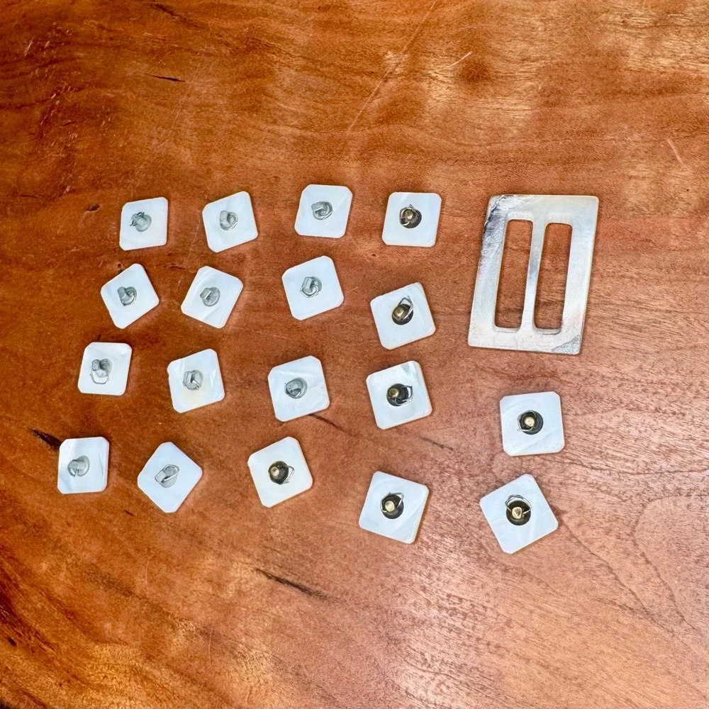 Vintage‎ Mother of Pearl Square Metal Shank Buttons 18 pc & Slide Buckle Set